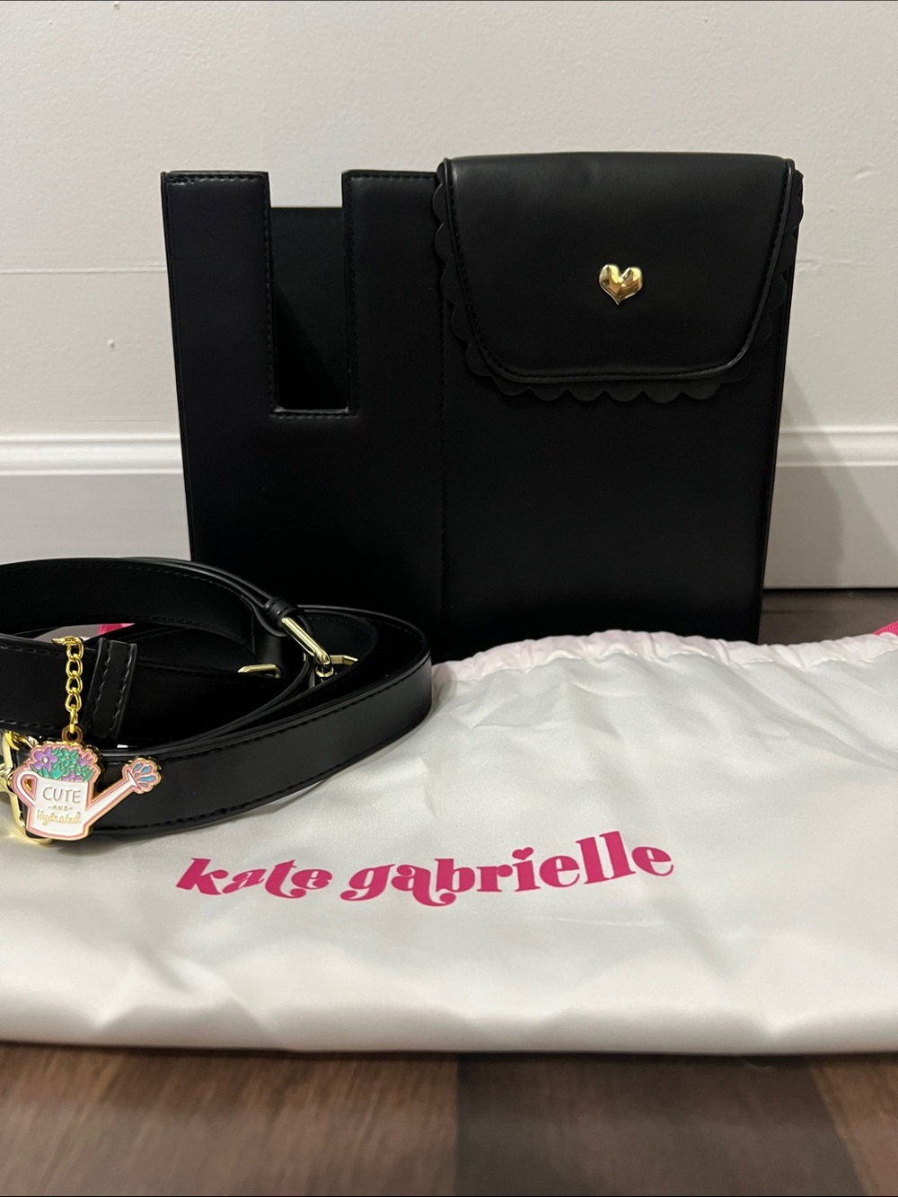 Kate Gabrielle Black Crossbody Bag with Gold Heart Accent